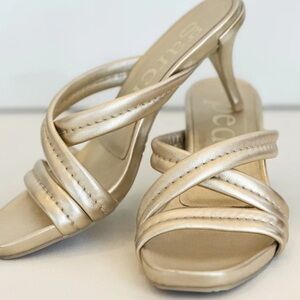 Pedro Garcia Cindy in Cream Pebble Nappa Lame Gold Heeled Slip on Sandal Size 38
